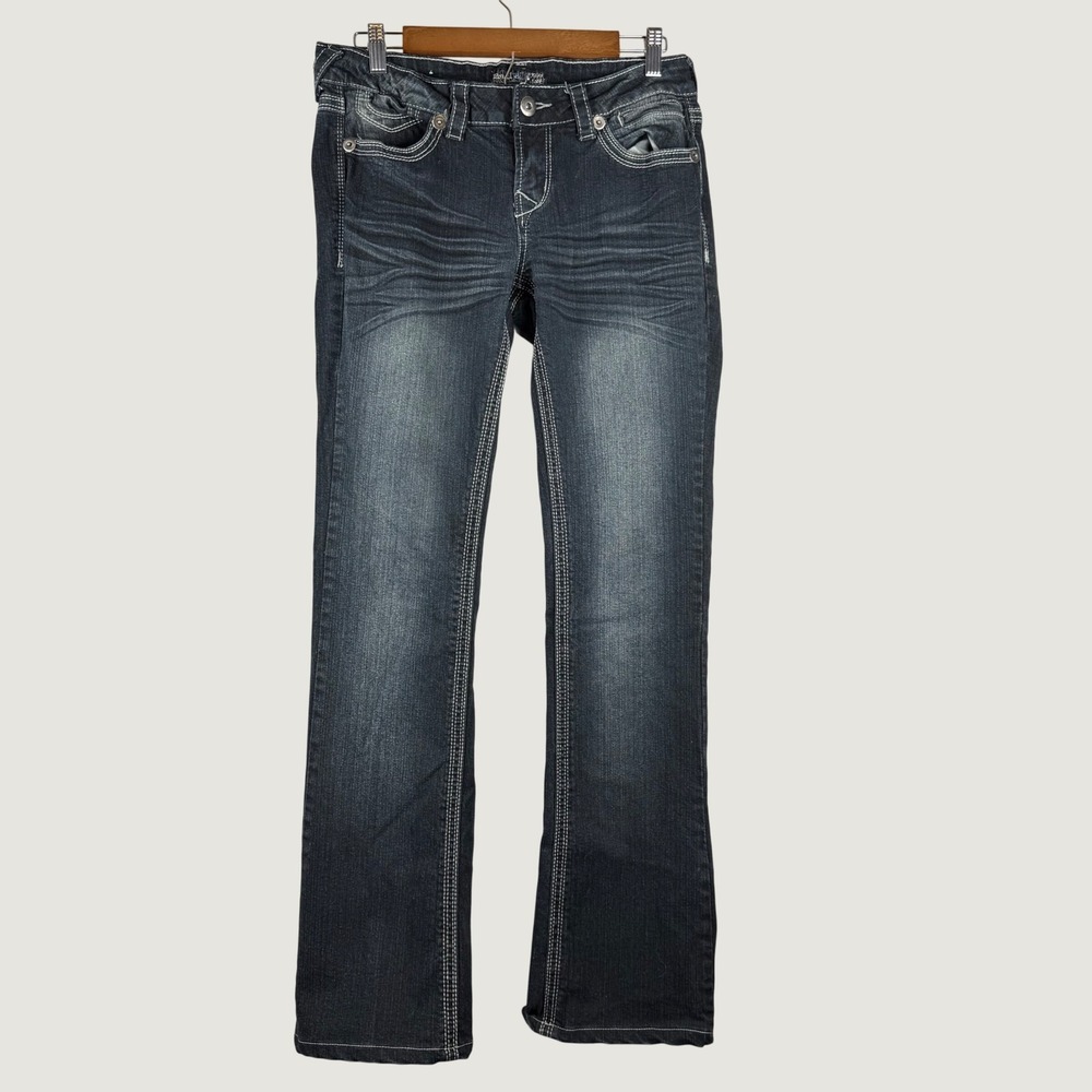 Y2K Western Low Rise Dark Wash Bootcut Jeans Women 7x33 Thick Stitch Embroidered